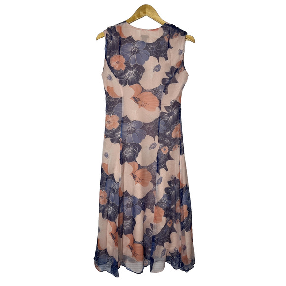 J Peterman Silk Midi Dress 4 Pink Blue Floral Sleeveless V Neck Chiffon Flowy - Picture 2 of 14